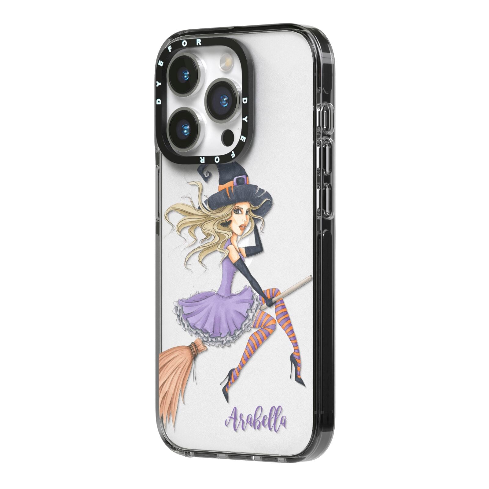 Personalised Sassy Witch iPhone 14 Pro Black Impact Case Side Angle on Silver phone