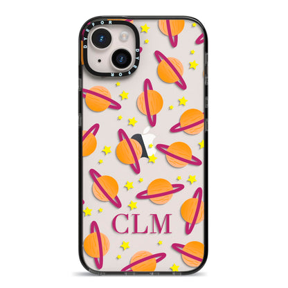 Personalised Saturn Initials iPhone 14 Plus Black Impact Case on Silver phone