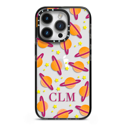 Personalised Saturn Initials iPhone 14 Pro Black Impact Case on Silver phone