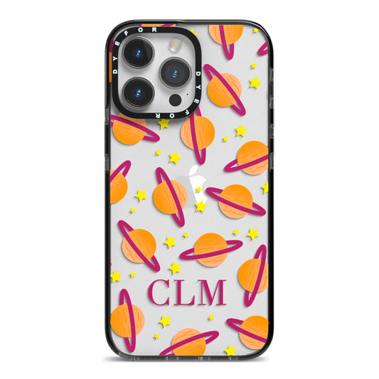 Personalised Saturn Initials iPhone 14 Pro Max Black Impact Case on Silver phone