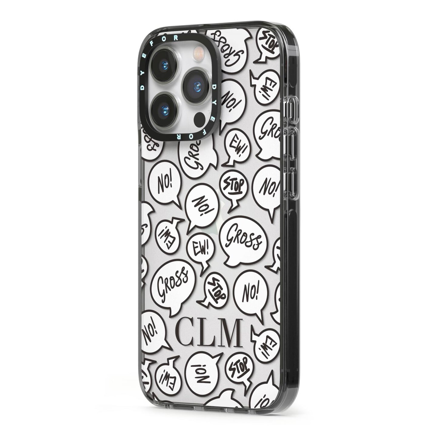 Personalised Sayings Initials iPhone 13 Pro Black Impact Case Side Angle on Silver phone