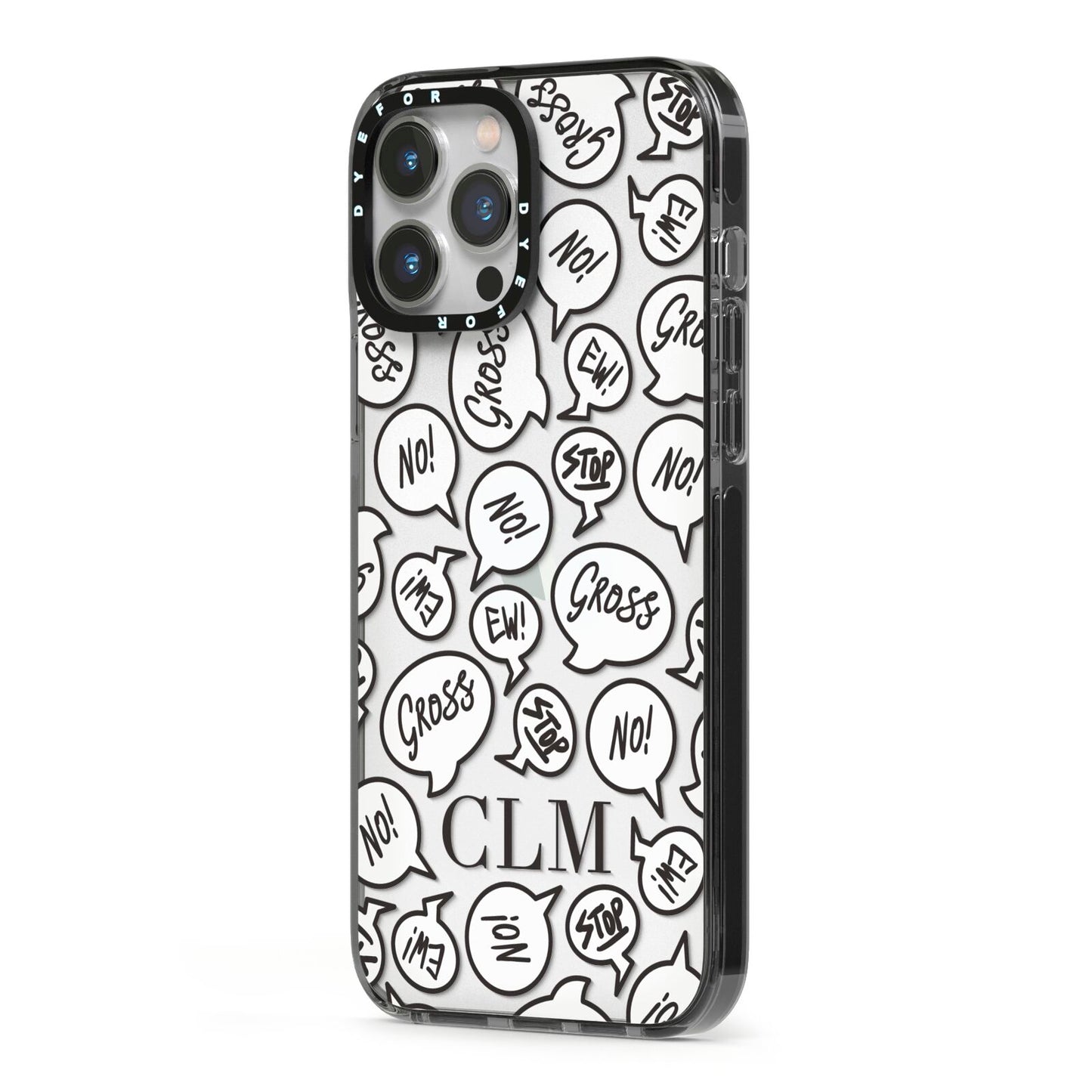 Personalised Sayings Initials iPhone 13 Pro Max Black Impact Case Side Angle on Silver phone