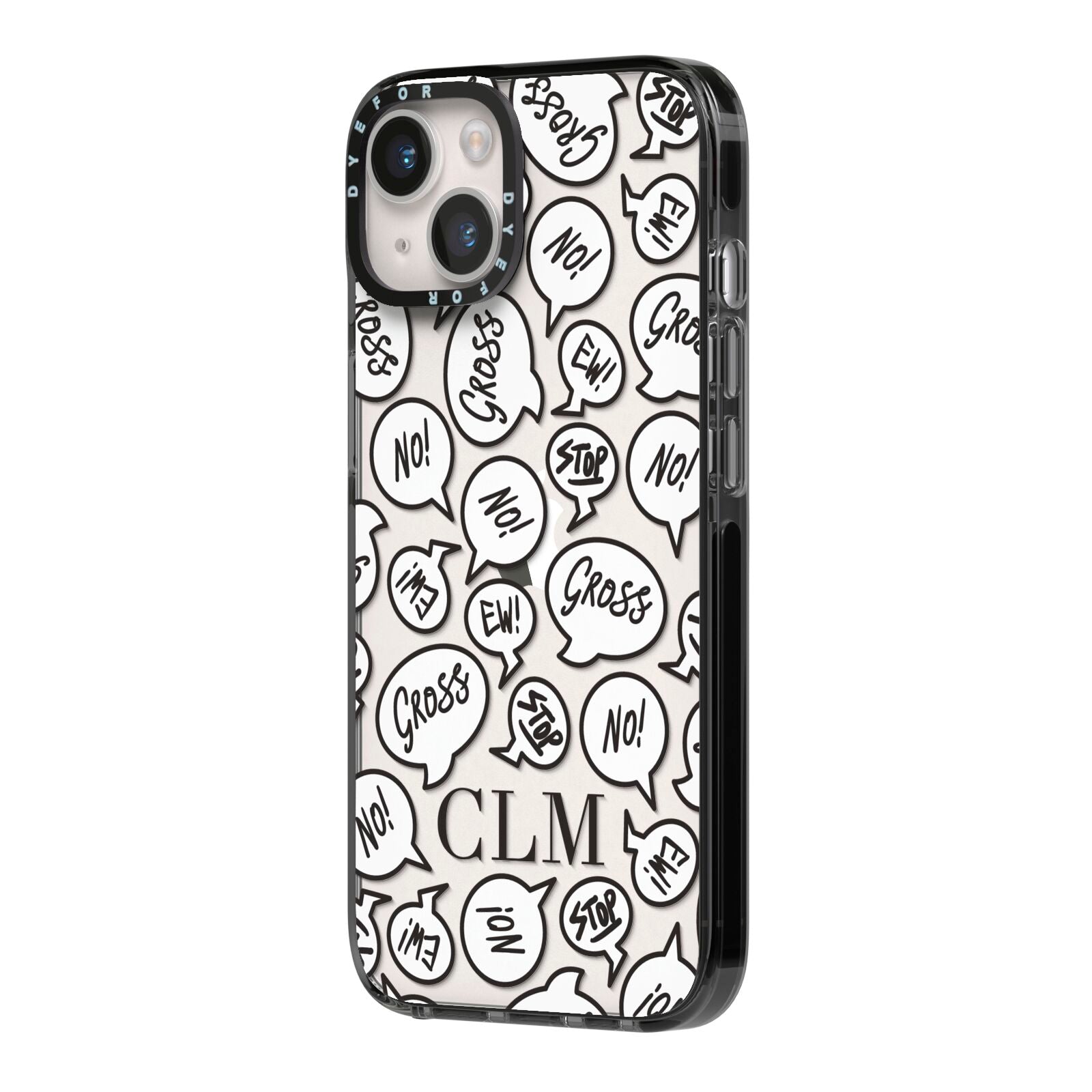 Personalised Sayings Initials iPhone 14 Black Impact Case Side Angle on Silver phone