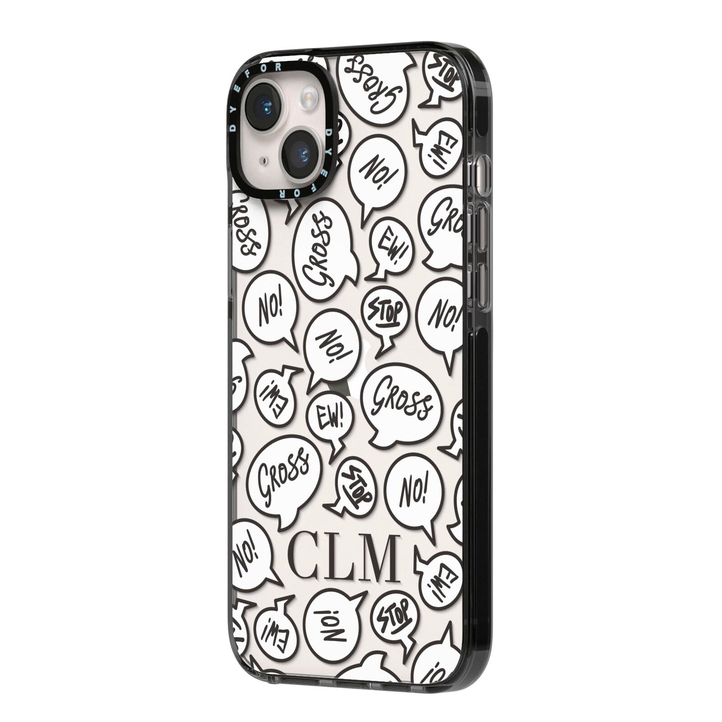Personalised Sayings Initials iPhone 14 Plus Black Impact Case Side Angle on Silver phone