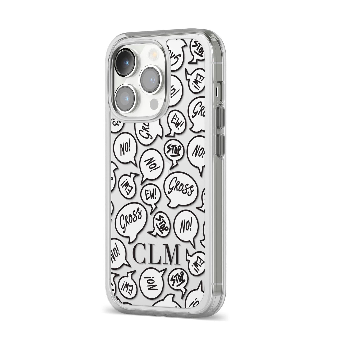 Personalised Sayings Initials iPhone 14 Pro Clear Tough Case Silver Angled Image