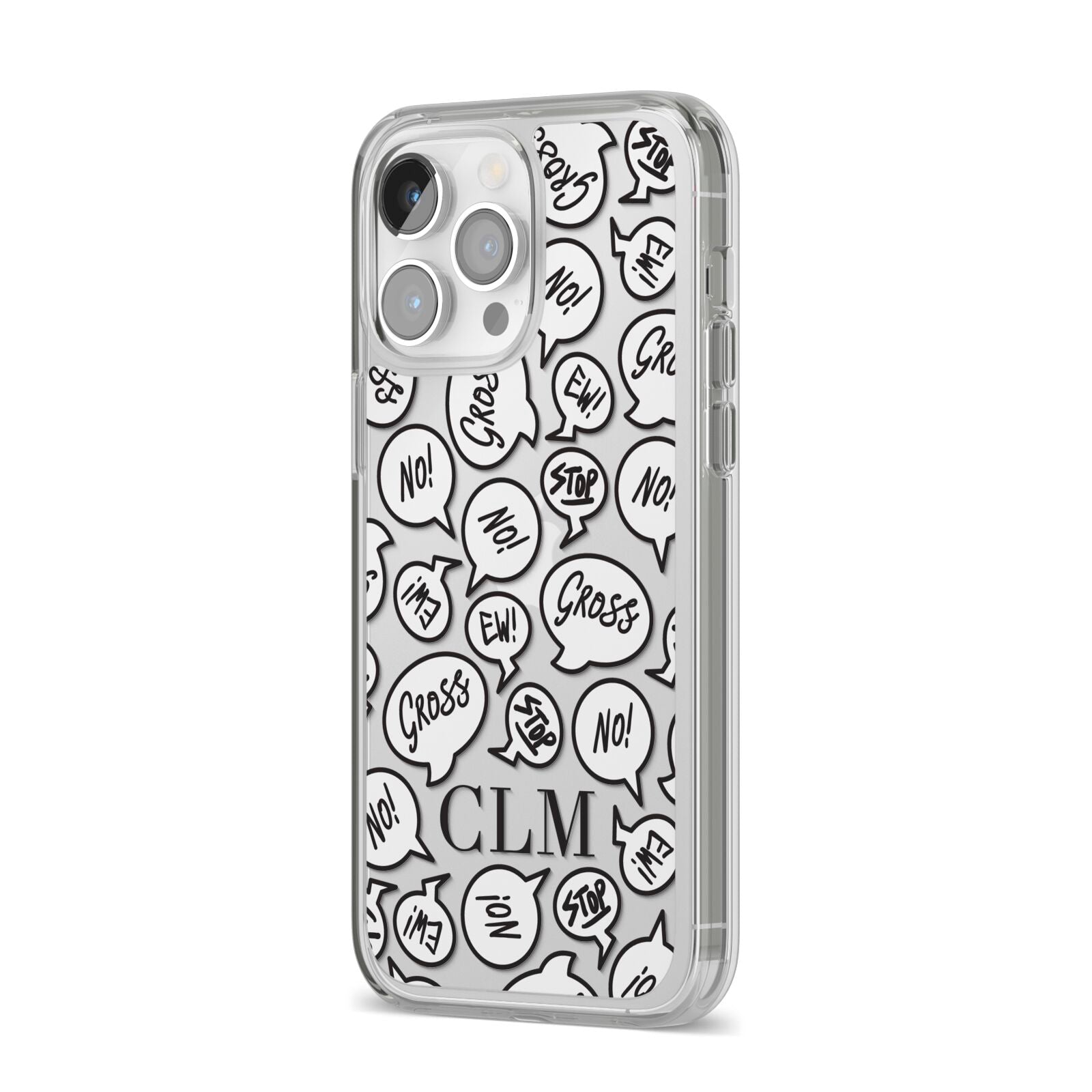 Personalised Sayings Initials iPhone 14 Pro Max Clear Tough Case Silver Angled Image