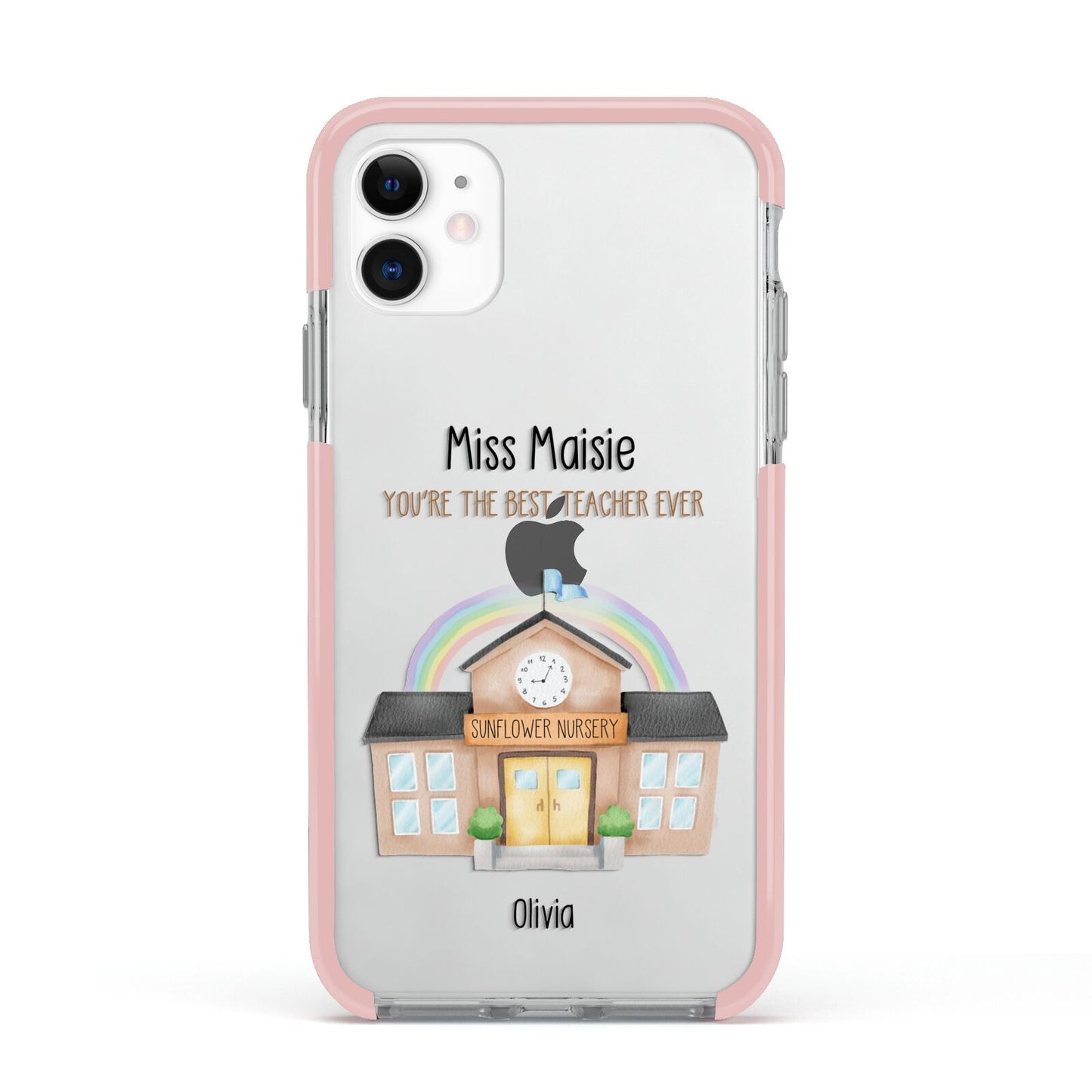 Personalised School Teacher Apple iPhone 11 in White with Pink Impact Case