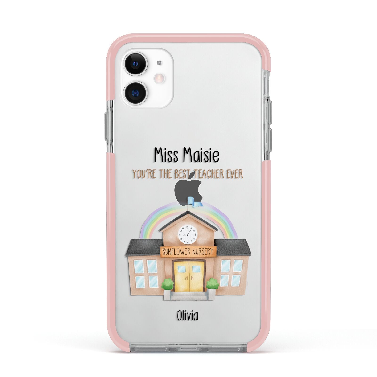 Personalised School Teacher Apple iPhone 11 in White with Pink Impact Case