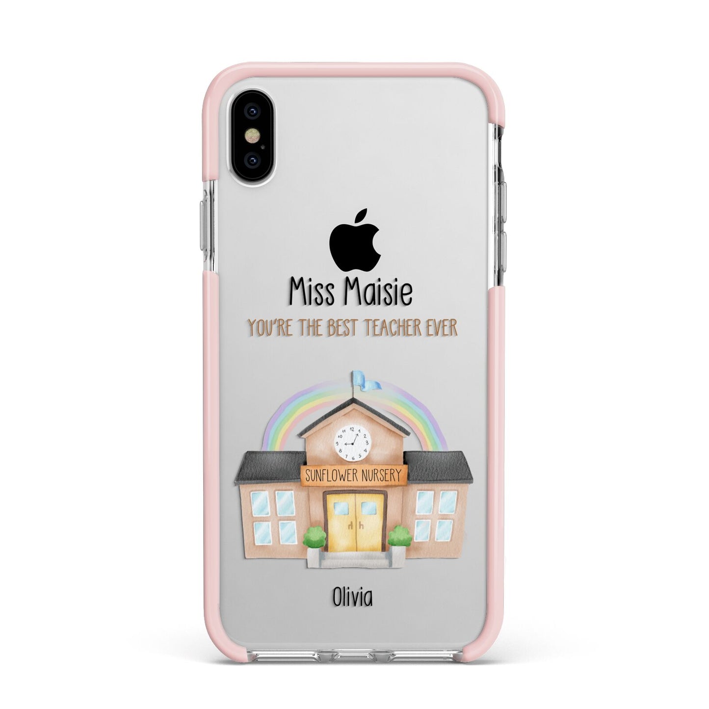 Personalised School Teacher Apple iPhone Xs Max Impact Case Pink Edge on Silver Phone