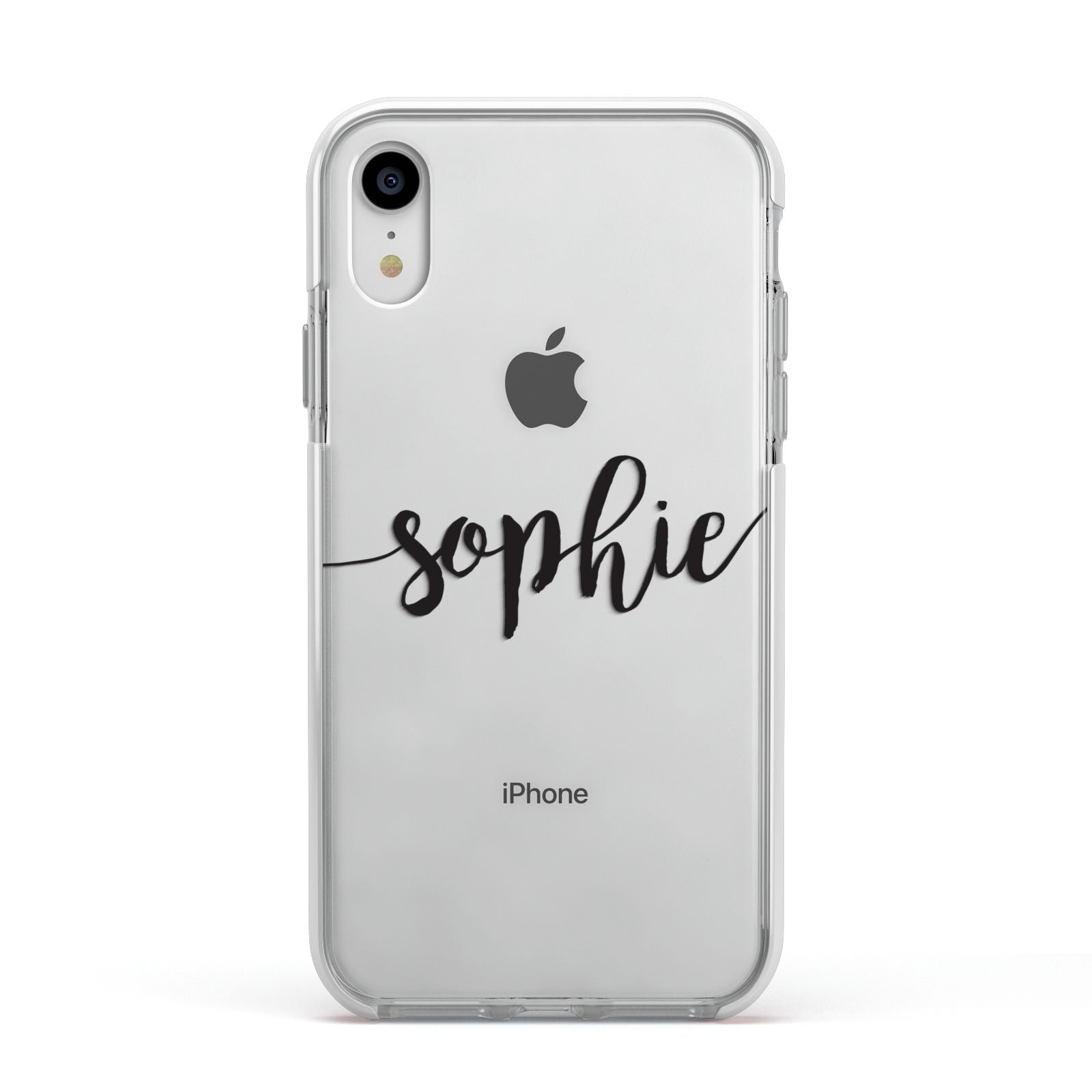 Personalised Scroll Name Handwritten Clear Custom Apple iPhone XR Impact Case White Edge on Silver Phone