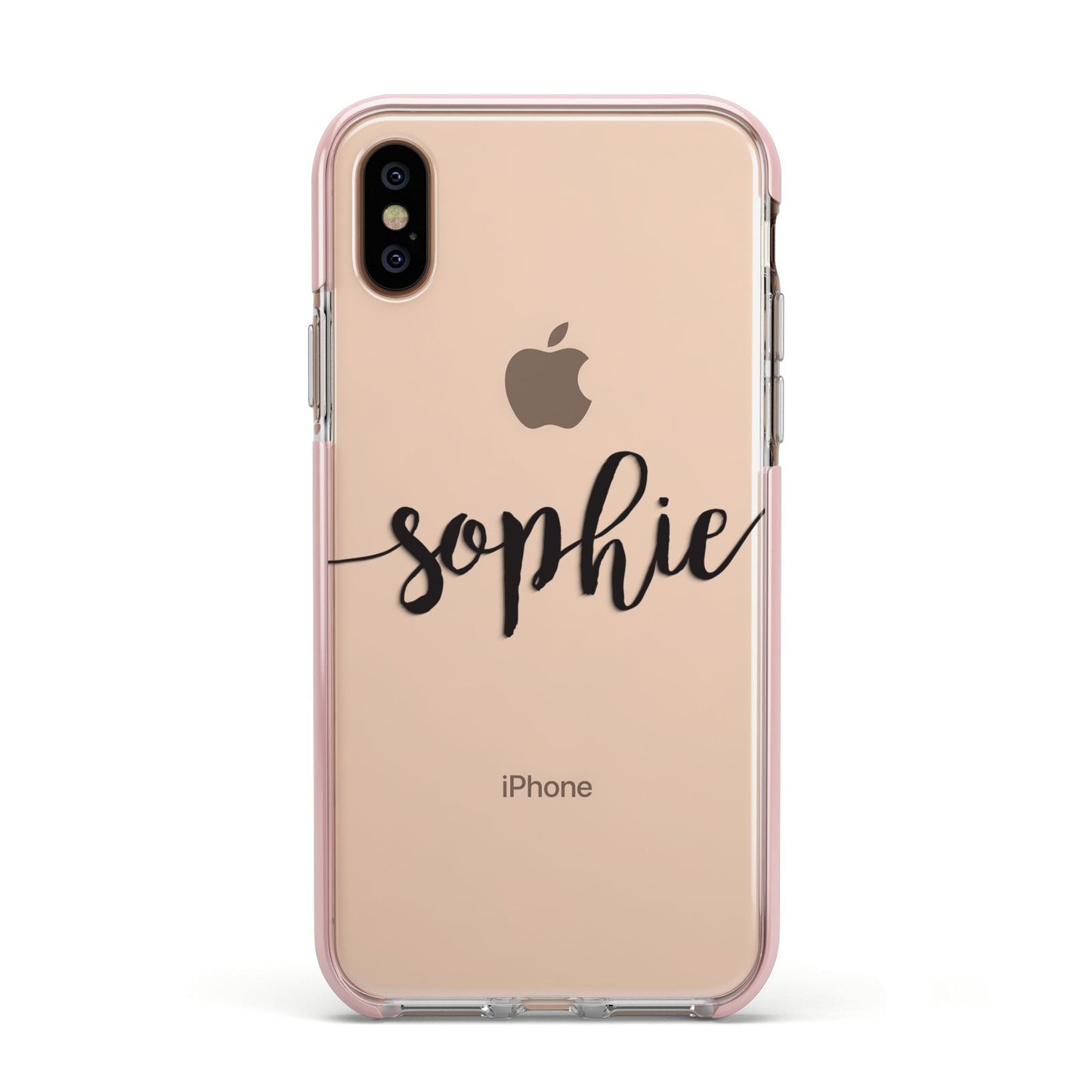 Personalised Scroll Name Handwritten Clear Custom Apple iPhone Xs Impact Case Pink Edge on Gold Phone
