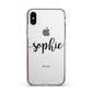 Personalised Scroll Name Handwritten Clear Custom Apple iPhone Xs Impact Case Pink Edge on Silver Phone