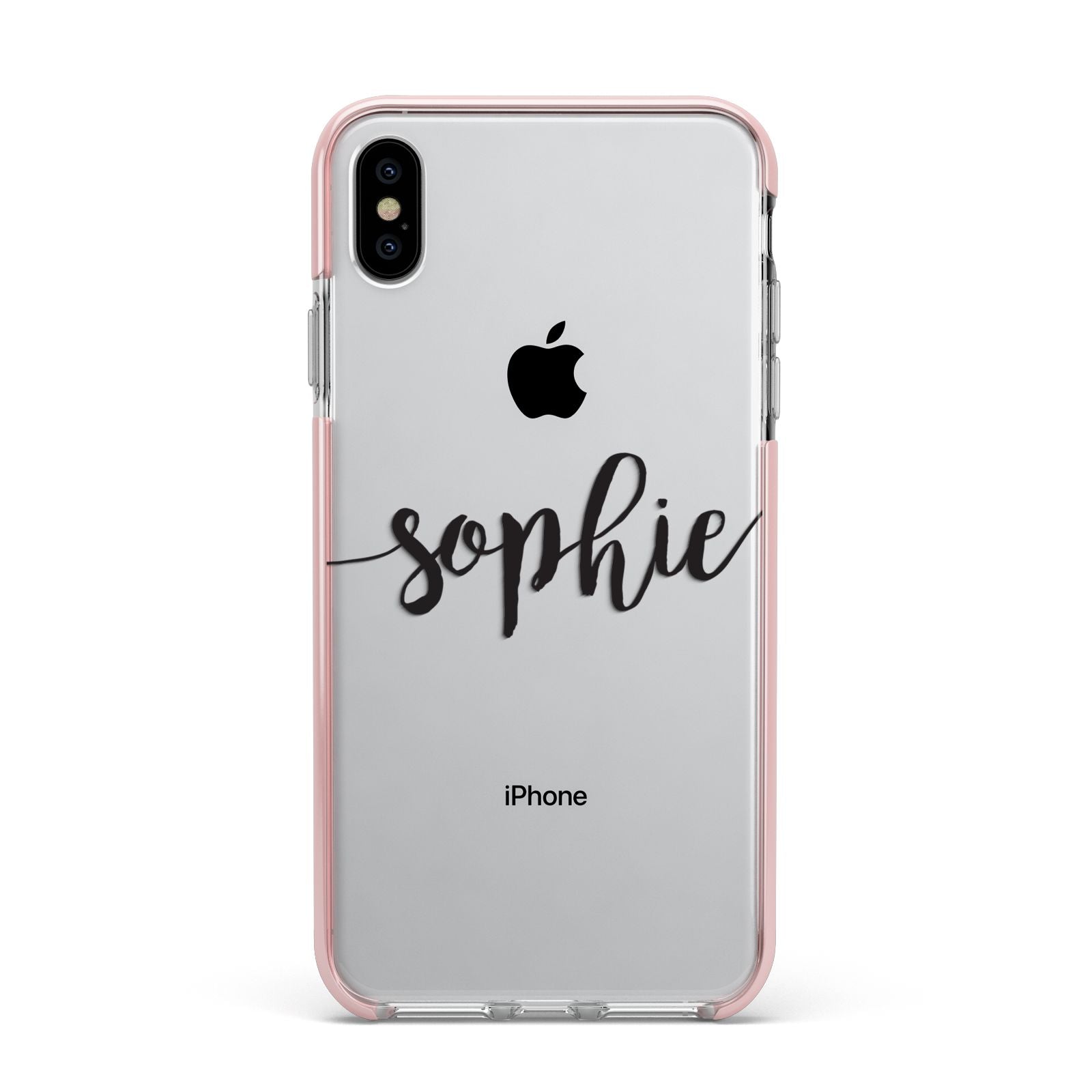 Personalised Scroll Name Handwritten Clear Custom Apple iPhone Xs Max Impact Case Pink Edge on Silver Phone