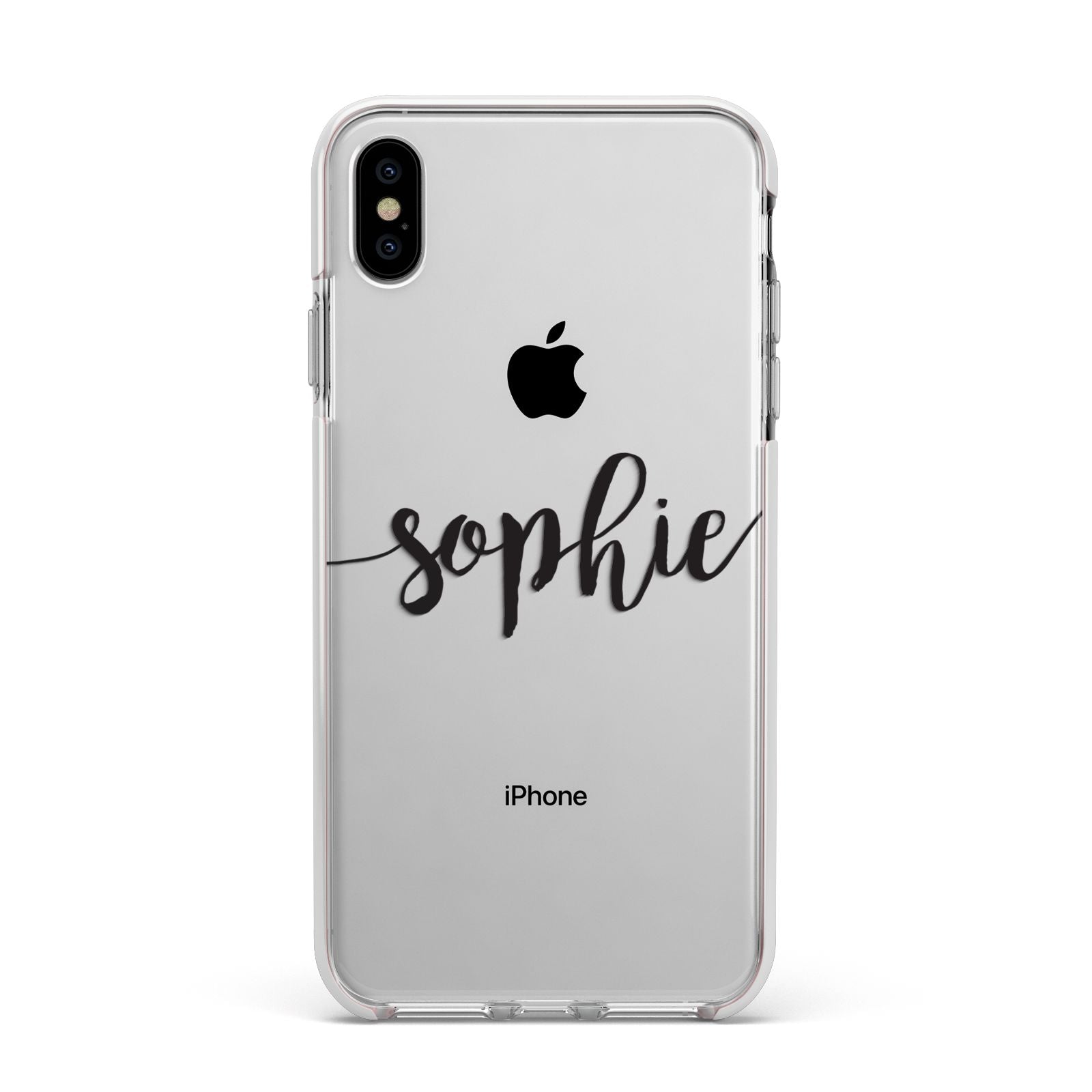Personalised Scroll Name Handwritten Clear Custom Apple iPhone Xs Max Impact Case White Edge on Silver Phone