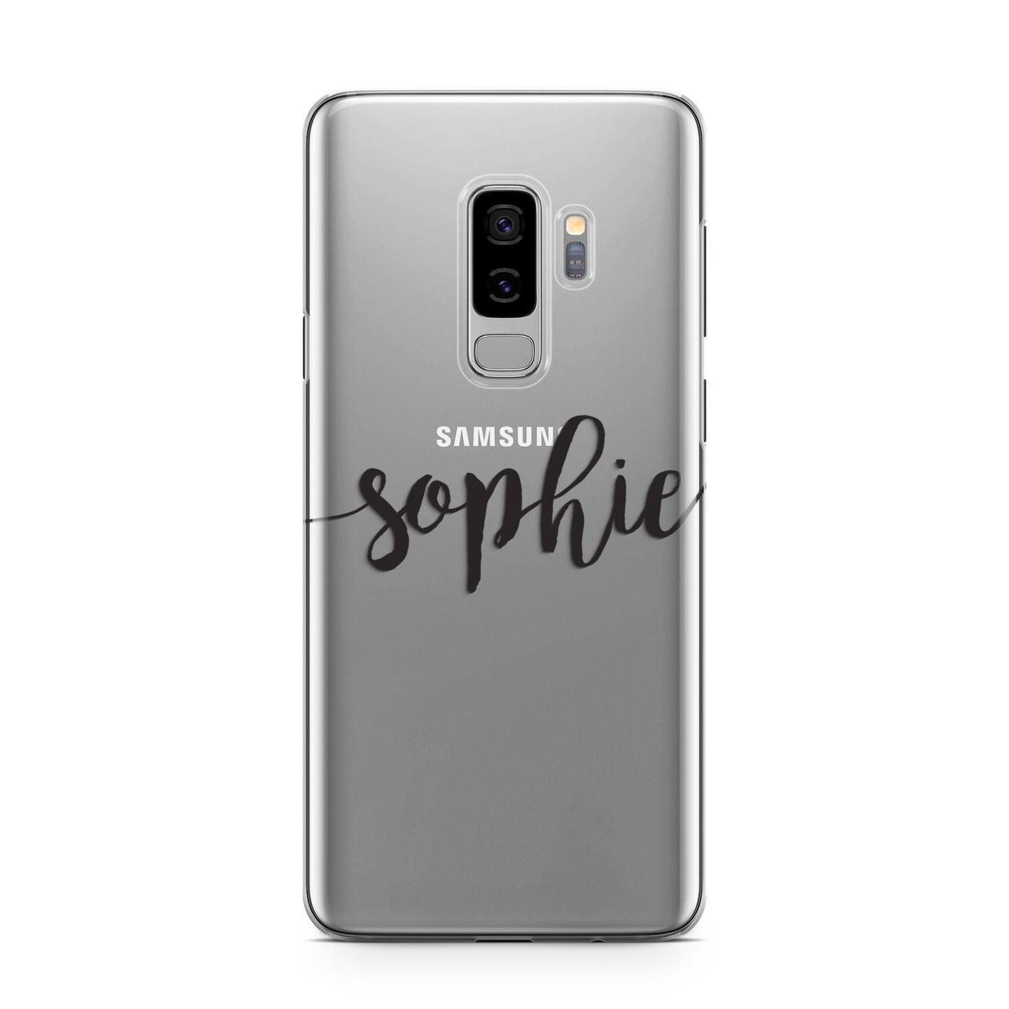 Personalised Scroll Name Handwritten Clear Custom Samsung Galaxy S9 Plus Case on Silver phone