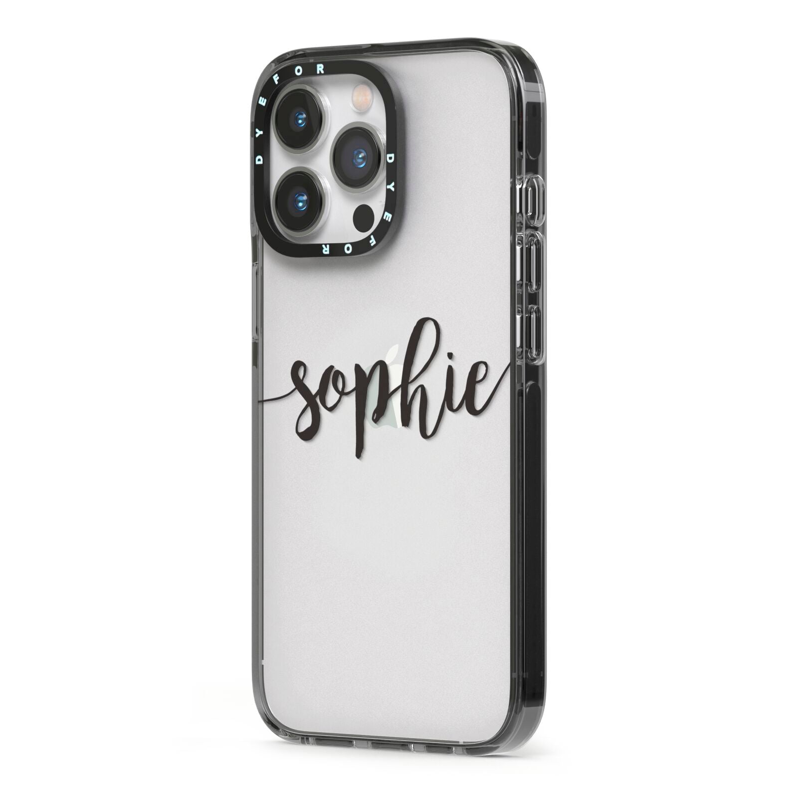 Personalised Scroll Name Handwritten Clear Custom iPhone 13 Pro Black Impact Case Side Angle on Silver phone
