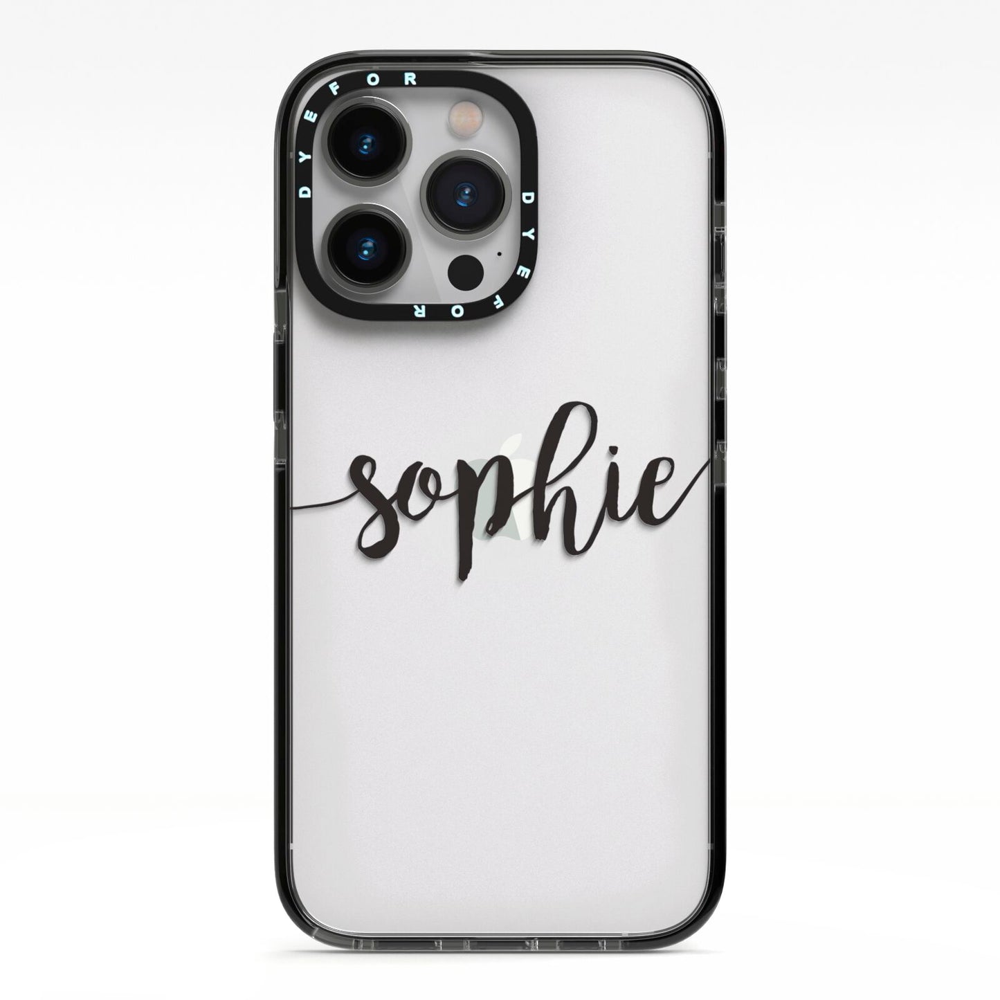 Personalised Scroll Name Handwritten Clear Custom iPhone 13 Pro Black Impact Case on Silver phone