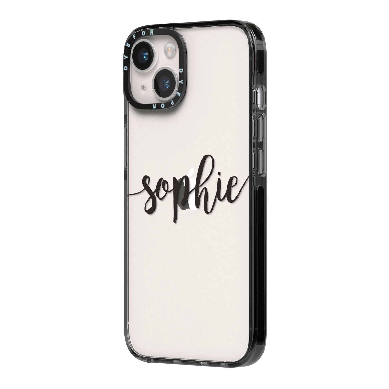Personalised Scroll Name Handwritten Clear Custom iPhone 14 Black Impact Case Side Angle on Silver phone