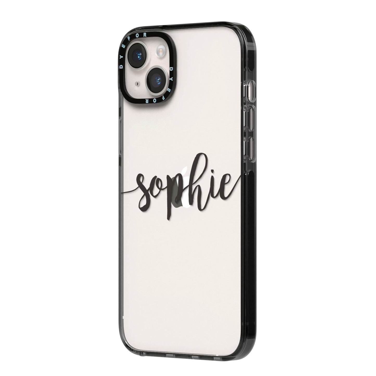 Personalised Scroll Name Handwritten Clear Custom iPhone 14 Plus Black Impact Case Side Angle on Silver phone