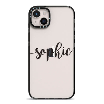 Personalised Scroll Name Handwritten Clear Custom iPhone 14 Plus Black Impact Case on Silver phone