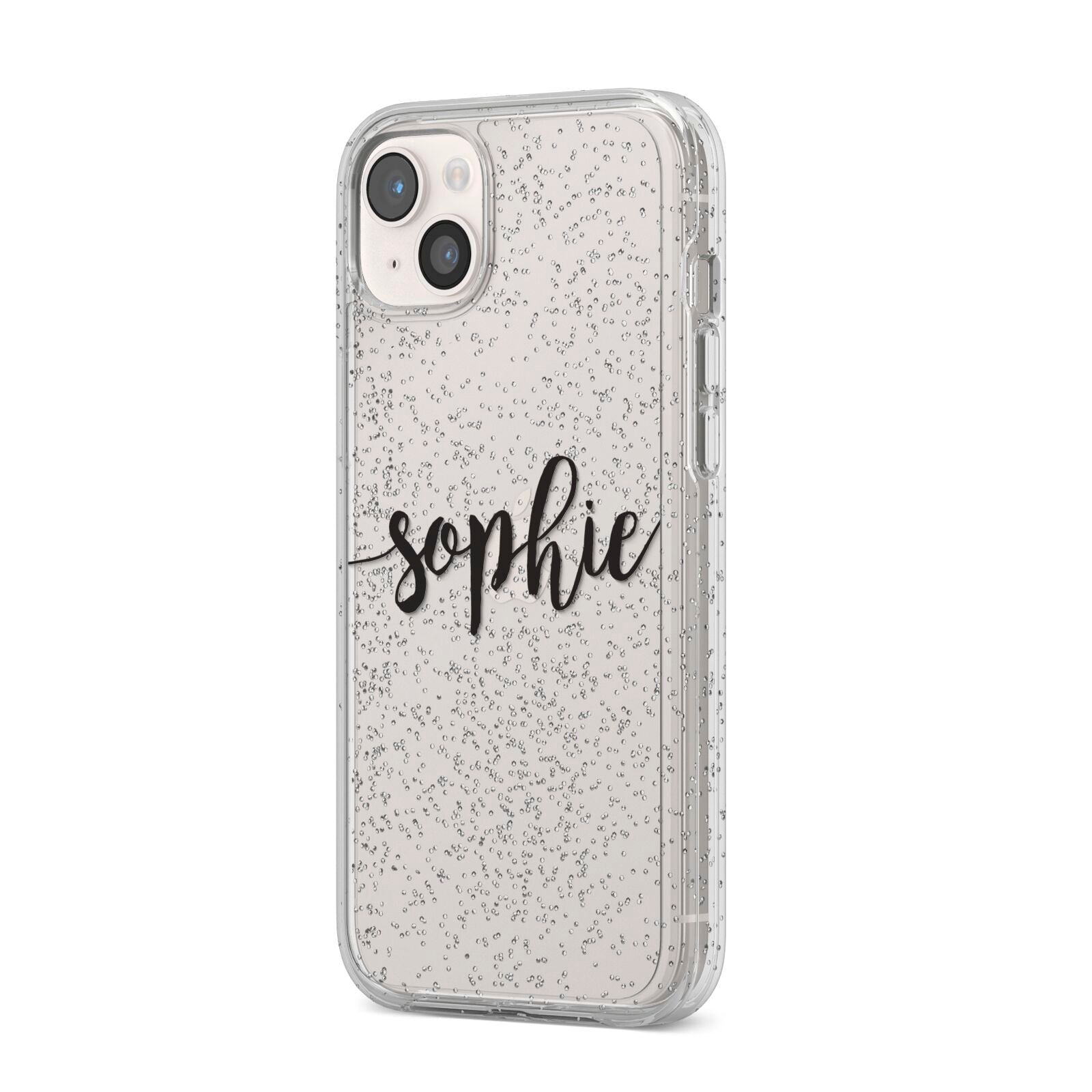 Personalised Scroll Name Handwritten Clear Custom iPhone 14 Plus Glitter Tough Case Starlight Angled Image