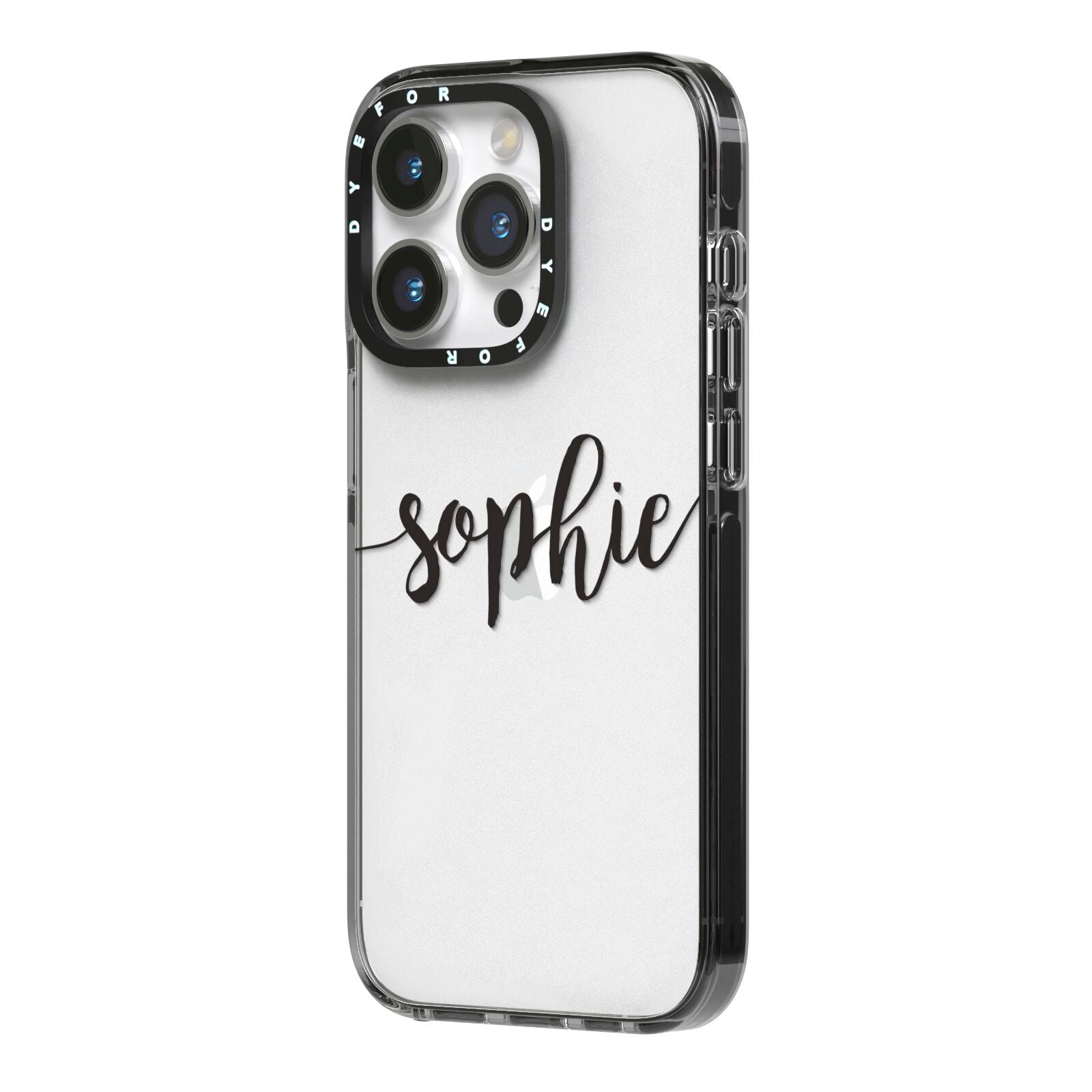 Personalised Scroll Name Handwritten Clear Custom iPhone 14 Pro Black Impact Case Side Angle on Silver phone