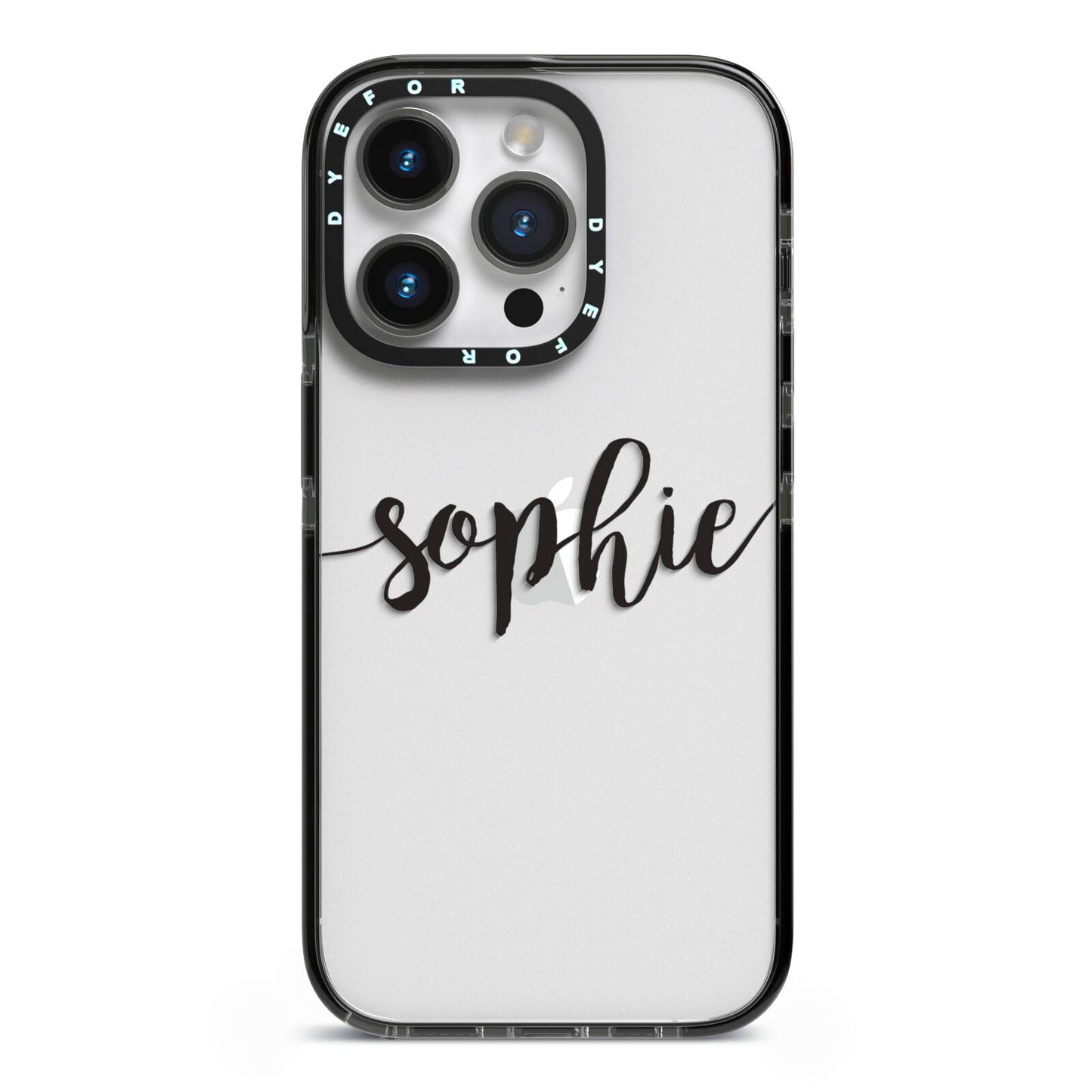 Personalised Scroll Name Handwritten Clear Custom iPhone 14 Pro Black Impact Case on Silver phone