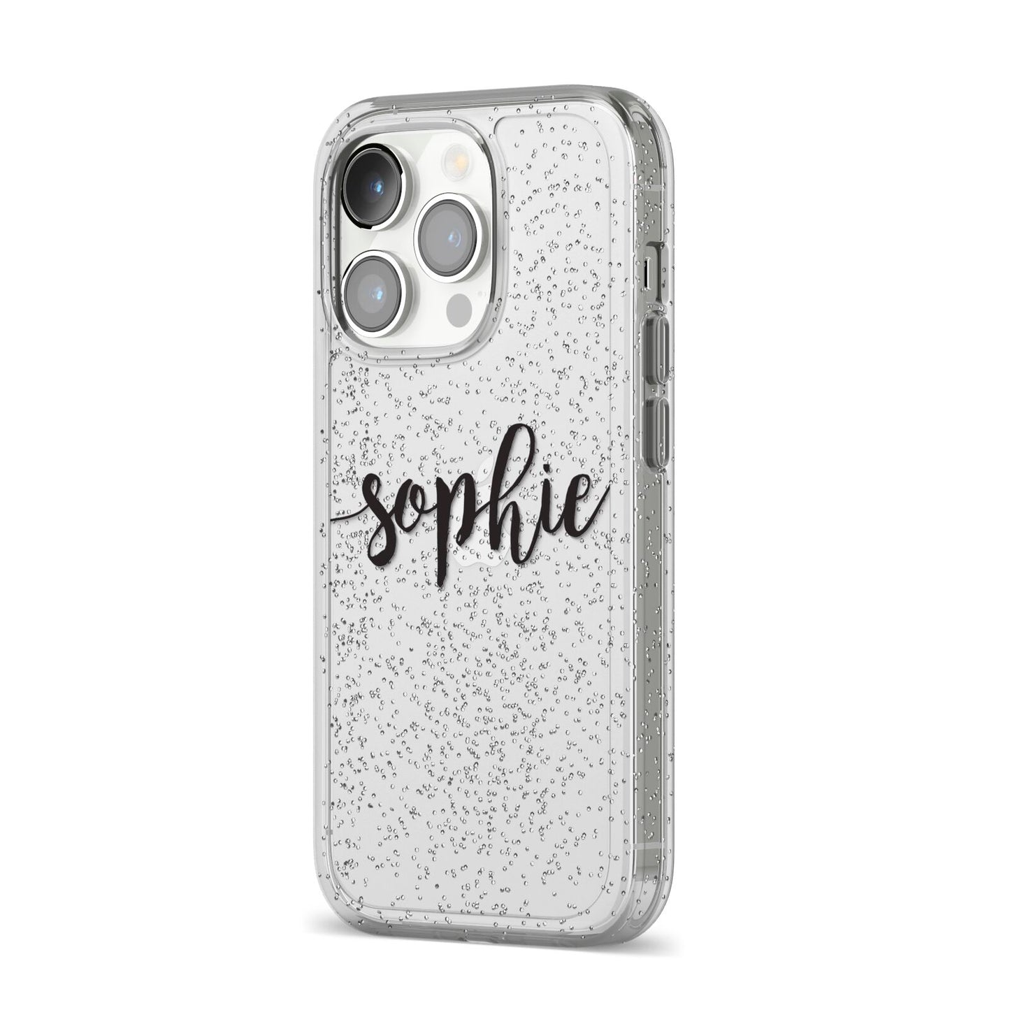 Personalised Scroll Name Handwritten Clear Custom iPhone 14 Pro Glitter Tough Case Silver Angled Image