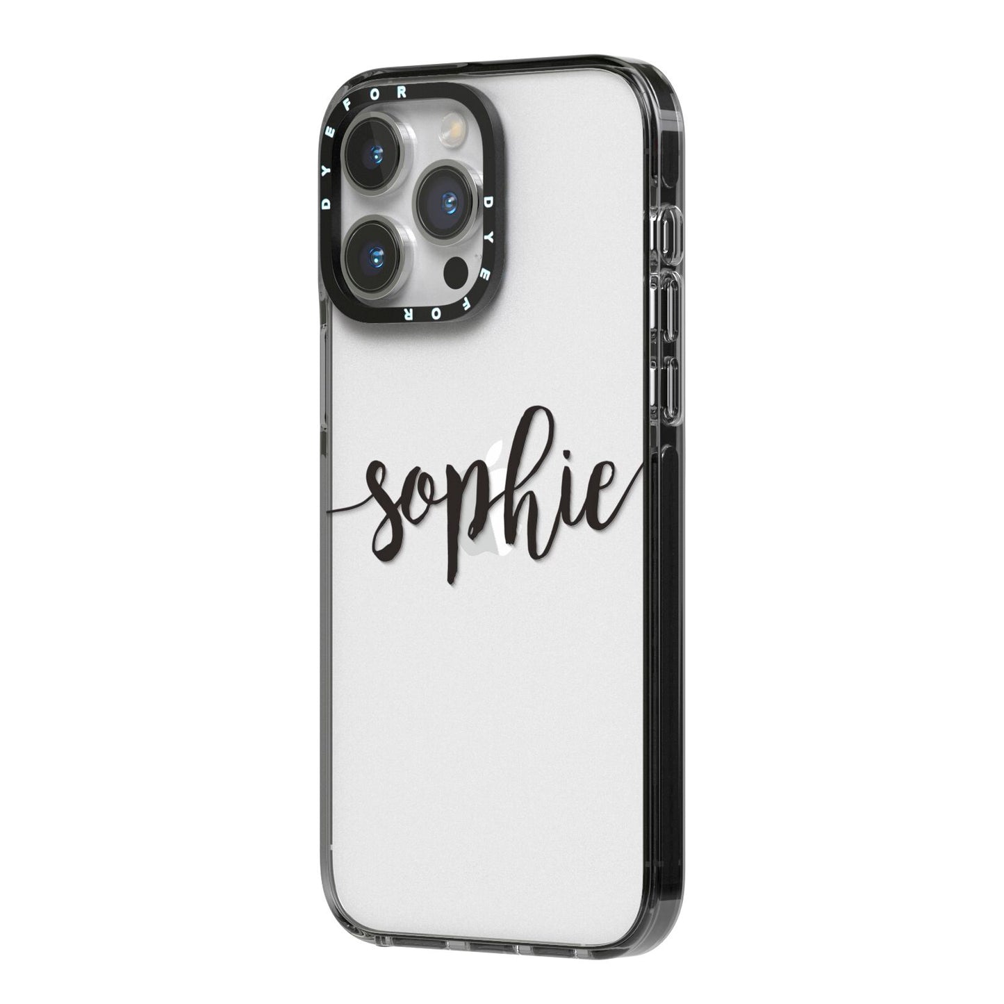 Personalised Scroll Name Handwritten Clear Custom iPhone 14 Pro Max Black Impact Case Side Angle on Silver phone