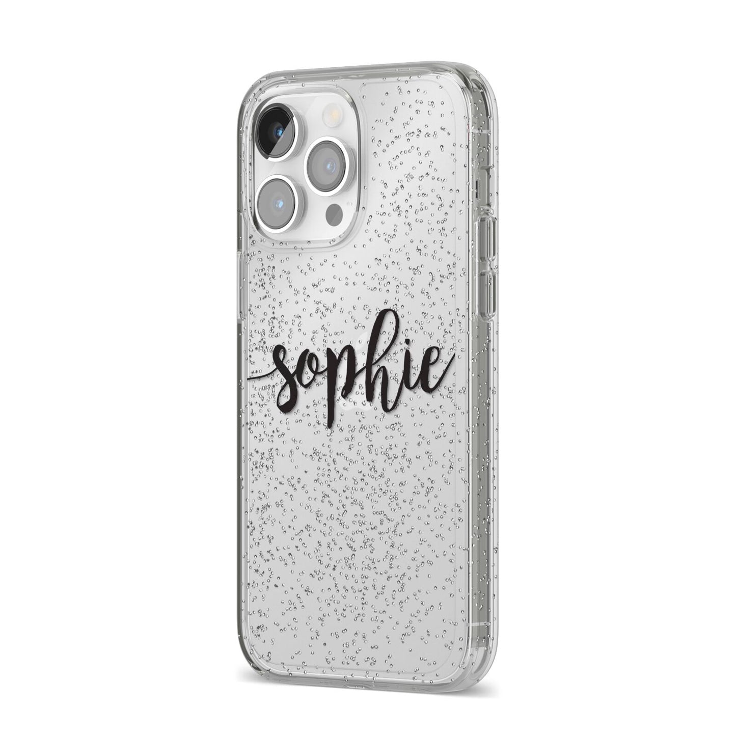 Personalised Scroll Name Handwritten Clear Custom iPhone 14 Pro Max Glitter Tough Case Silver Angled Image