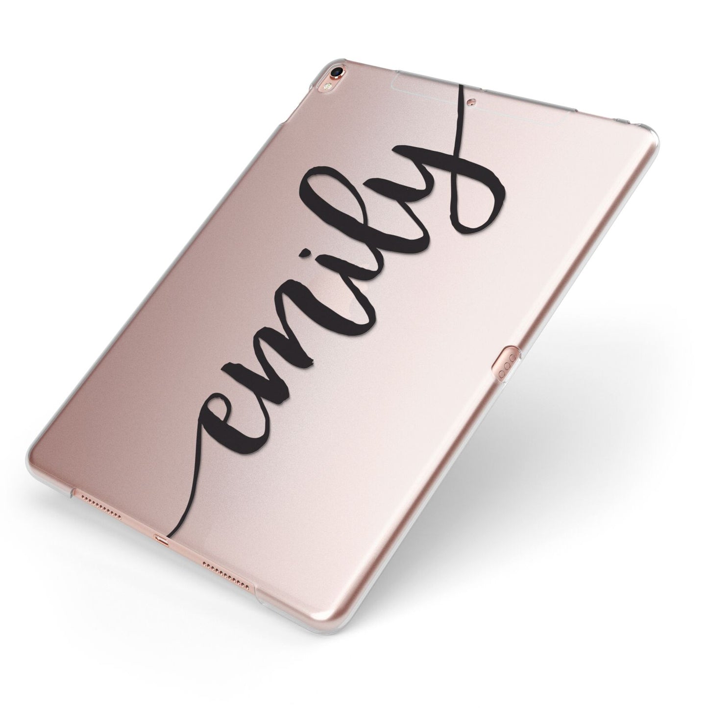 Personalised Scroll Side Handwritten Name Clear Apple iPad Case on Rose Gold iPad Side View