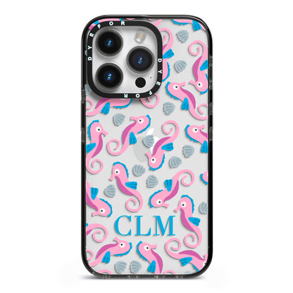 Personalised Sea Horse Initials iPhone 14 Pro Black Impact Case on Silver phone