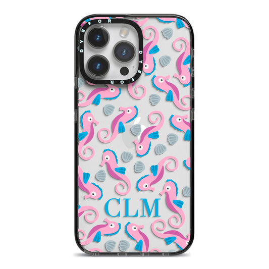 Personalised Sea Horse Initials iPhone 14 Pro Max Black Impact Case on Silver phone