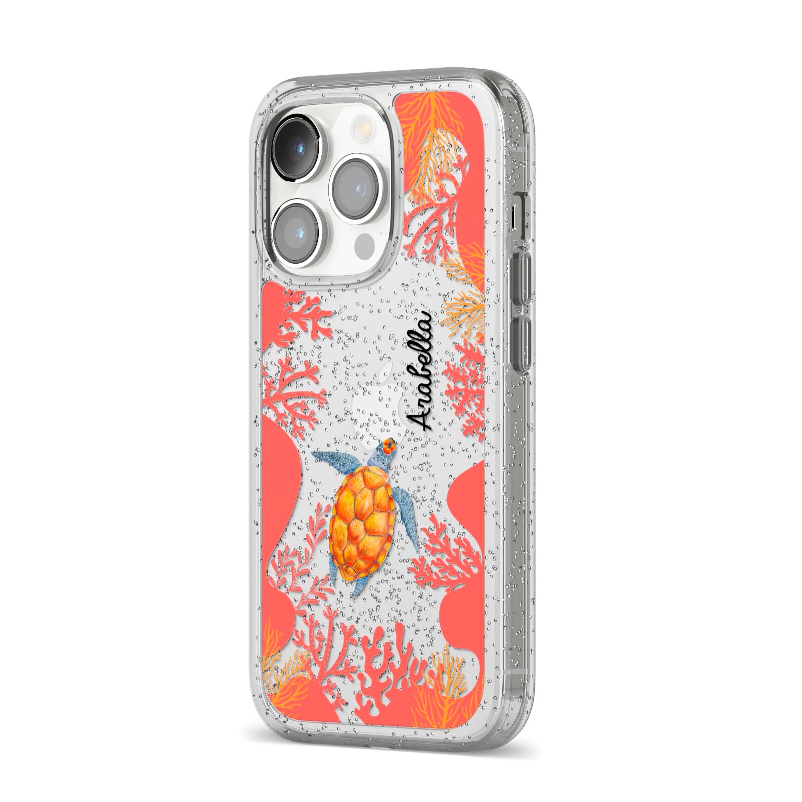 Personalised Sea Life iPhone 14 Pro Glitter Tough Case Silver Angled Image