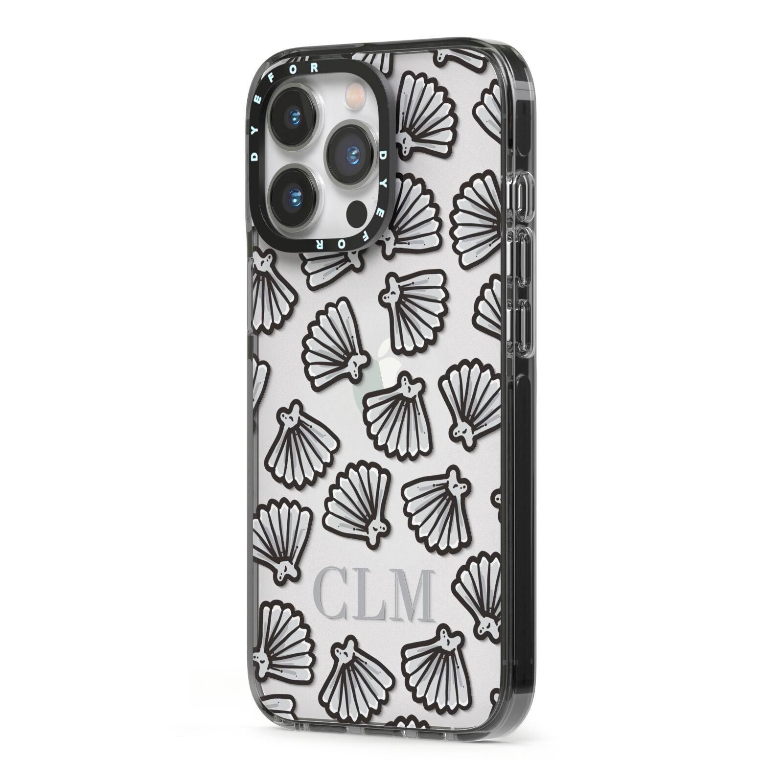 Personalised Sea Shell Initials iPhone 13 Pro Black Impact Case Side Angle on Silver phone