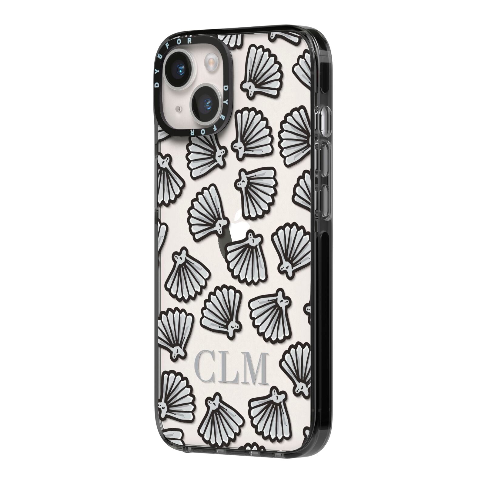 Personalised Sea Shell Initials iPhone 14 Black Impact Case Side Angle on Silver phone