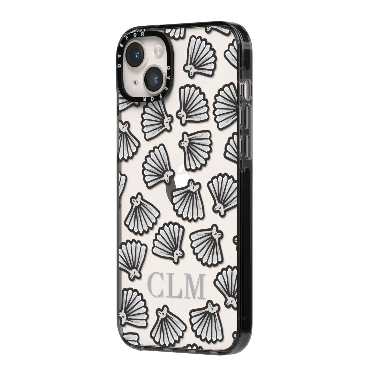 Personalised Sea Shell Initials iPhone 14 Plus Black Impact Case Side Angle on Silver phone