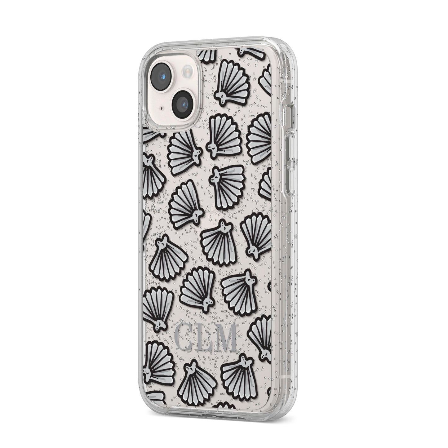 Personalised Sea Shell Initials iPhone 14 Plus Glitter Tough Case Starlight Angled Image