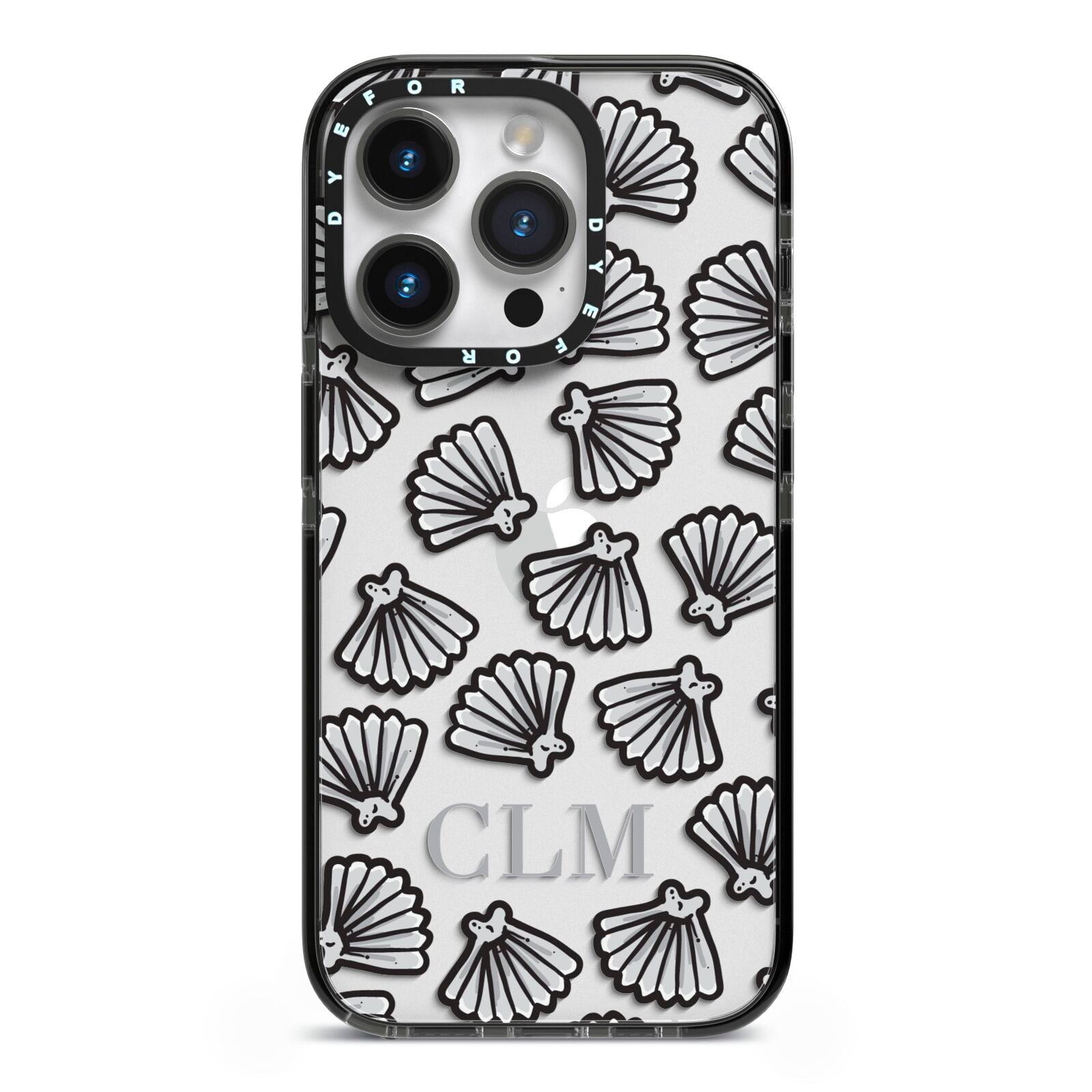 Personalised Sea Shell Initials iPhone 14 Pro Black Impact Case on Silver phone