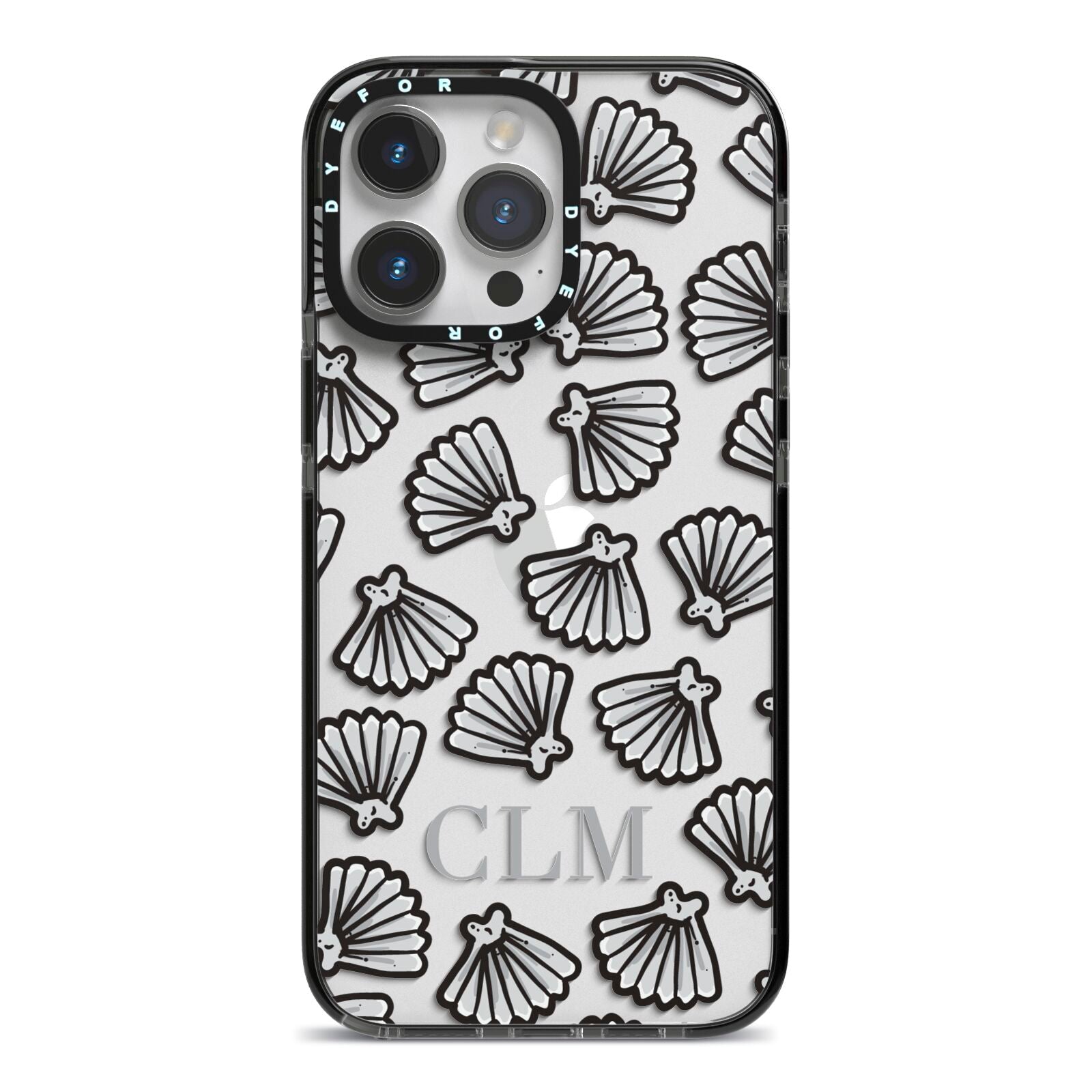 Personalised Sea Shell Initials iPhone 14 Pro Max Black Impact Case on Silver phone