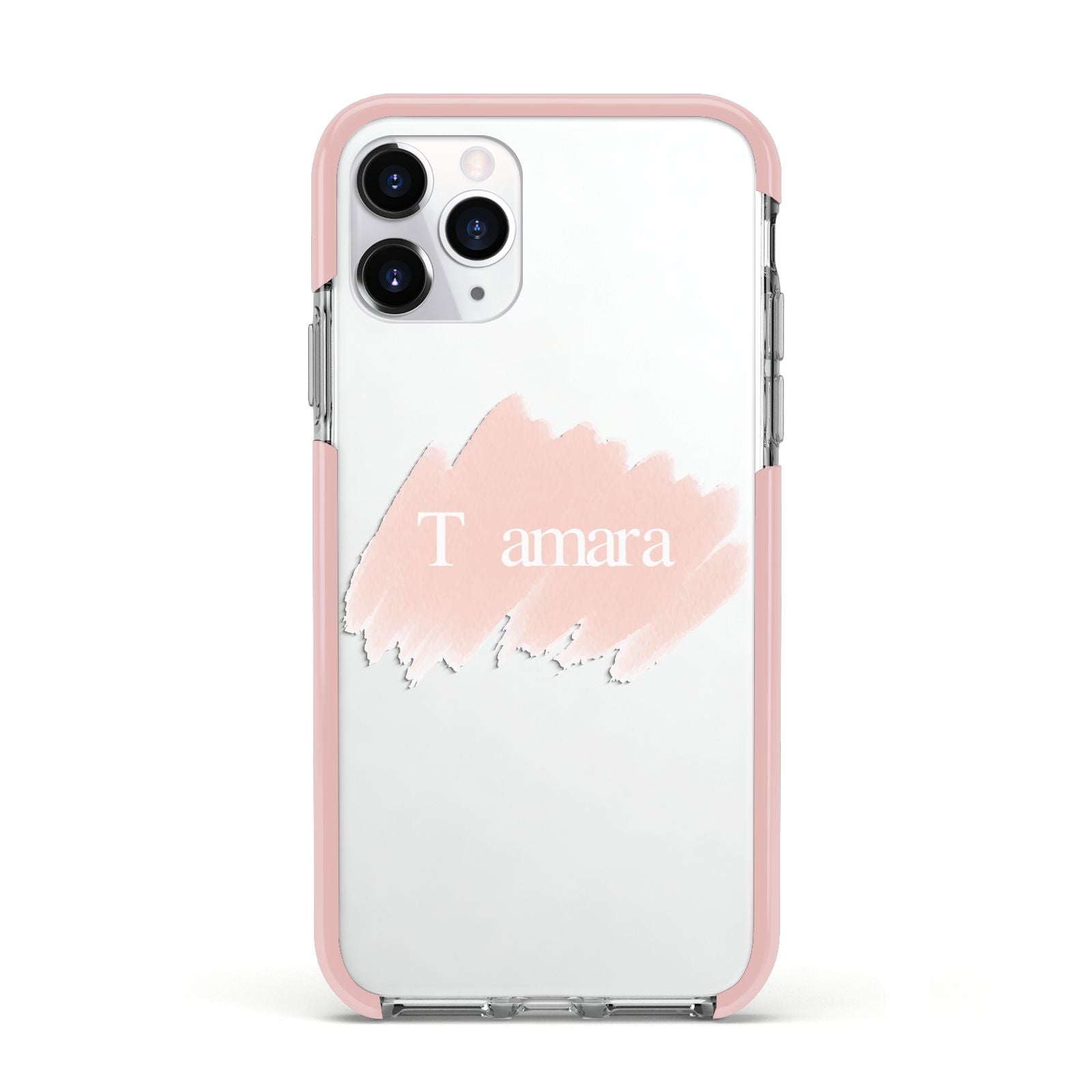 Personalised See Throiugh Clear Name Apple iPhone 11 Pro in Silver with Pink Impact Case