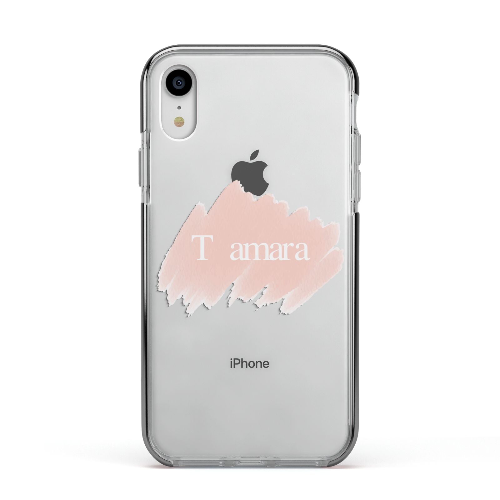 Personalised See Throiugh Clear Name Apple iPhone XR Impact Case Black Edge on Silver Phone