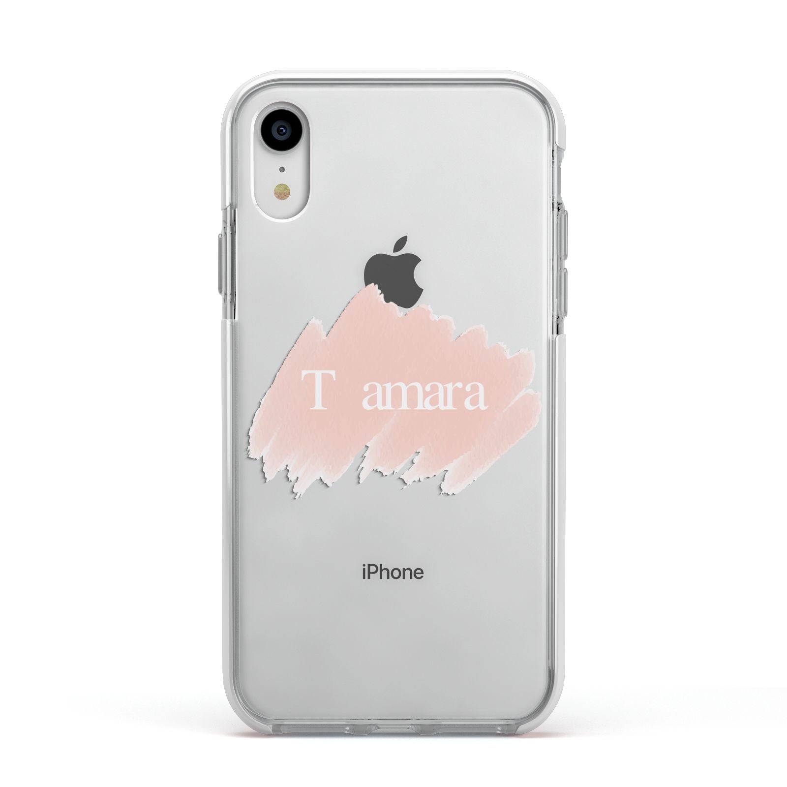Personalised See Throiugh Clear Name Apple iPhone XR Impact Case White Edge on Silver Phone
