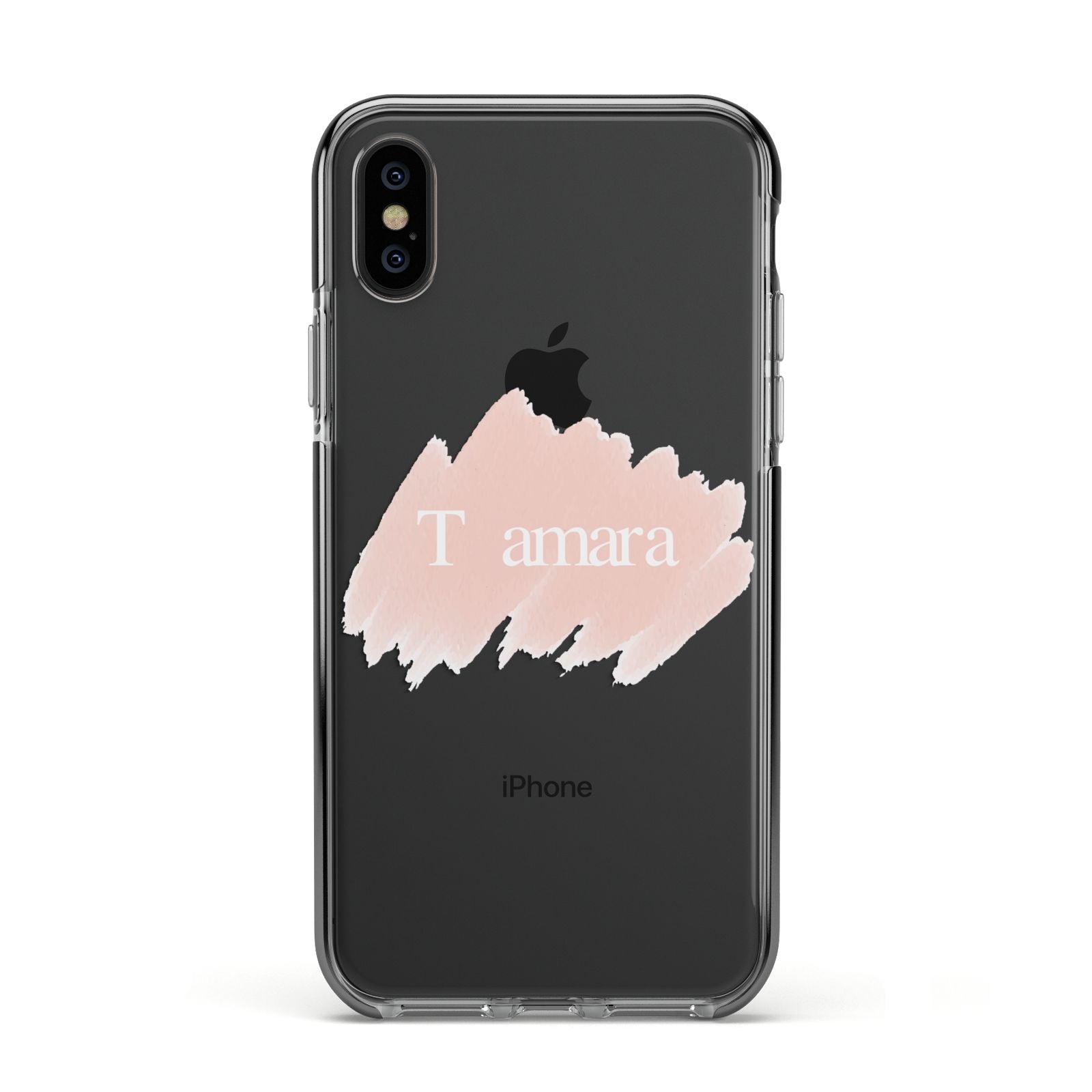 Personalised See Throiugh Clear Name Apple iPhone Xs Impact Case Black Edge on Black Phone