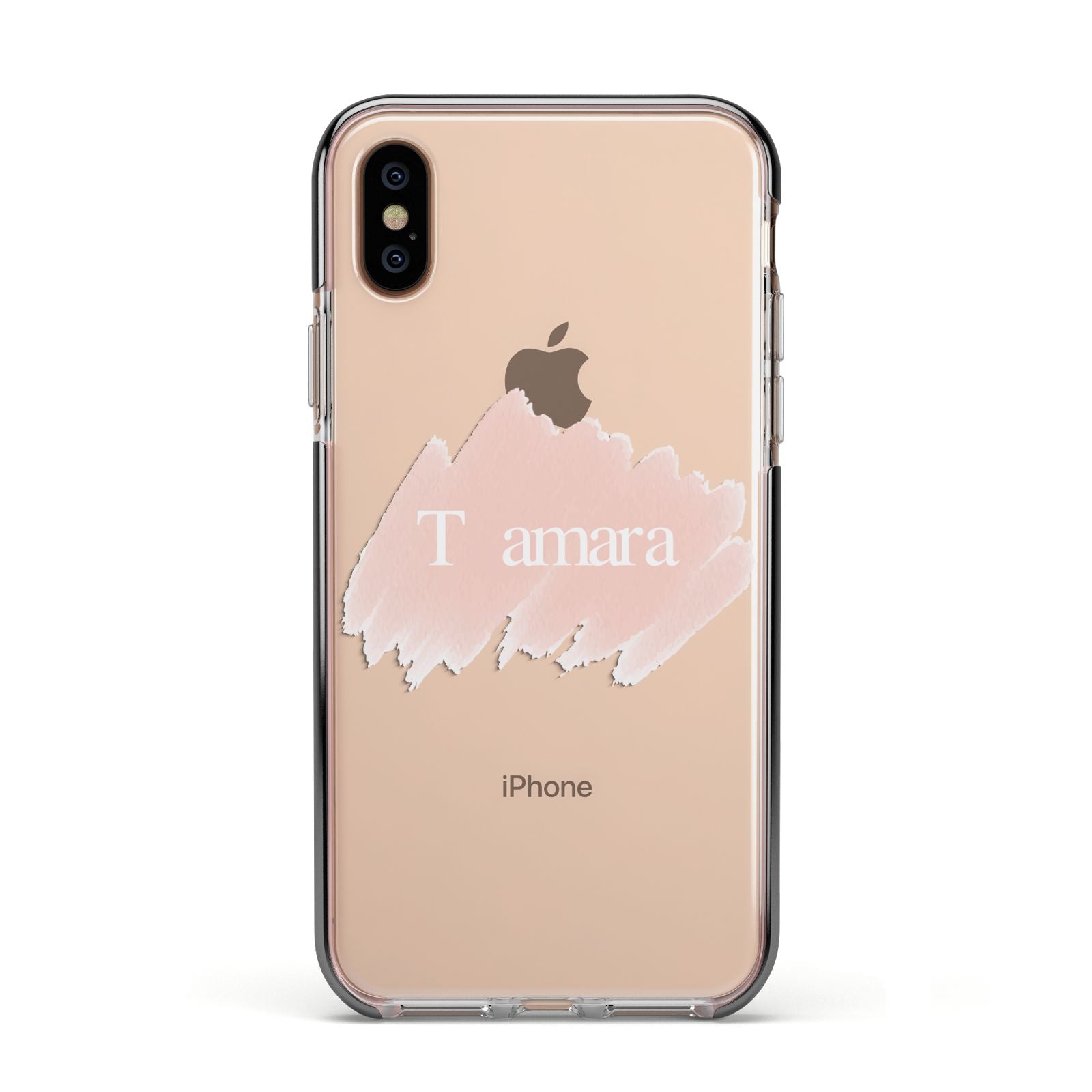 Personalised See Throiugh Clear Name Apple iPhone Xs Impact Case Black Edge on Gold Phone
