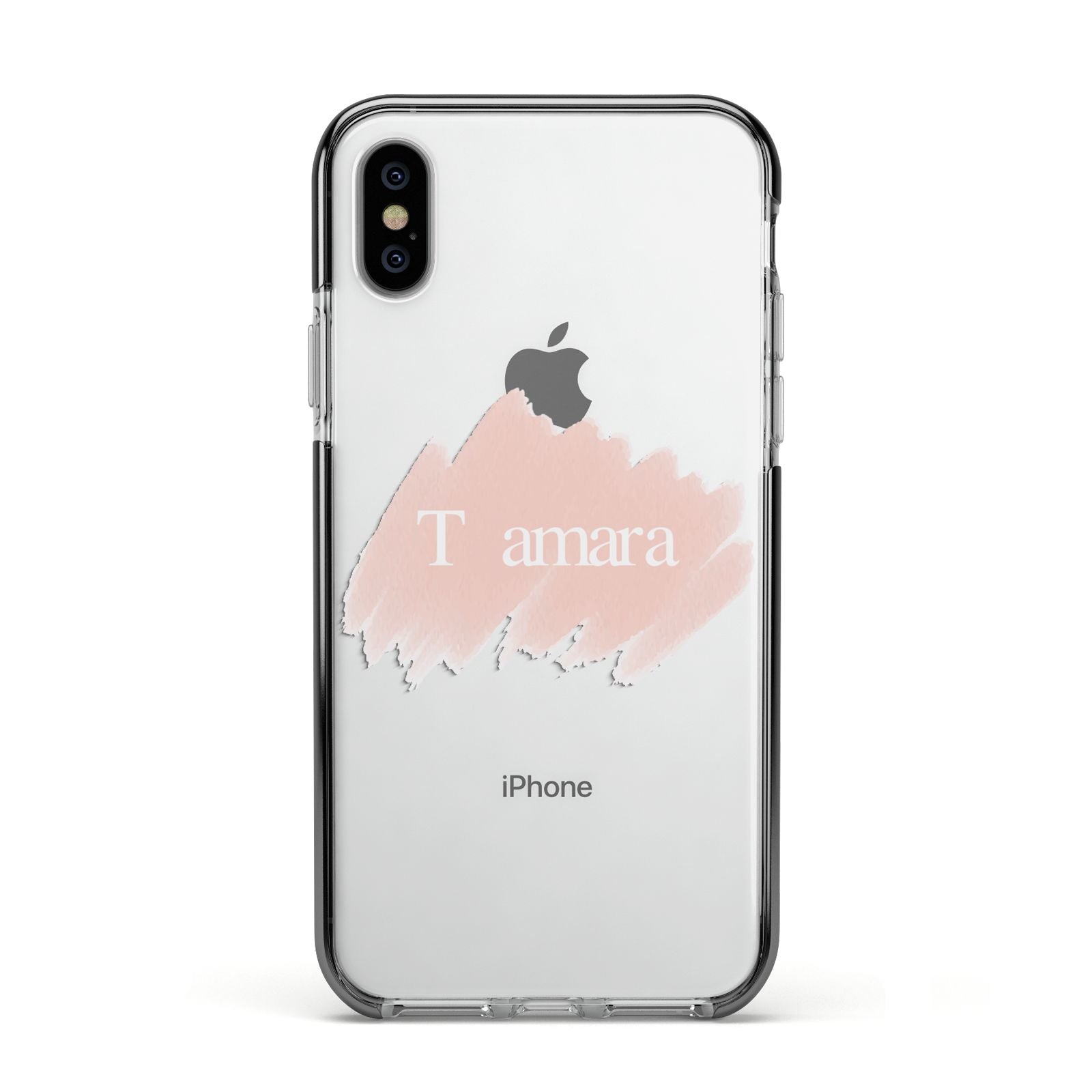 Personalised See Throiugh Clear Name Apple iPhone Xs Impact Case Black Edge on Silver Phone