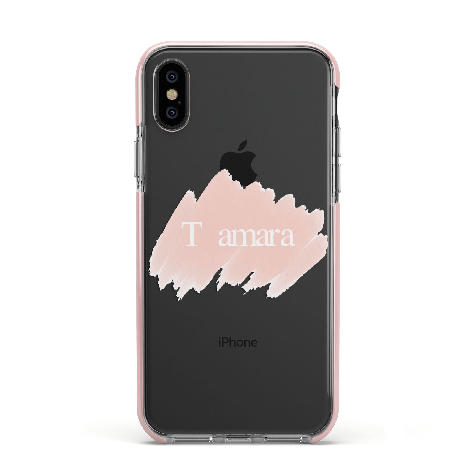 Personalised See Throiugh Clear Name Apple iPhone Xs Impact Case Pink Edge on Black Phone