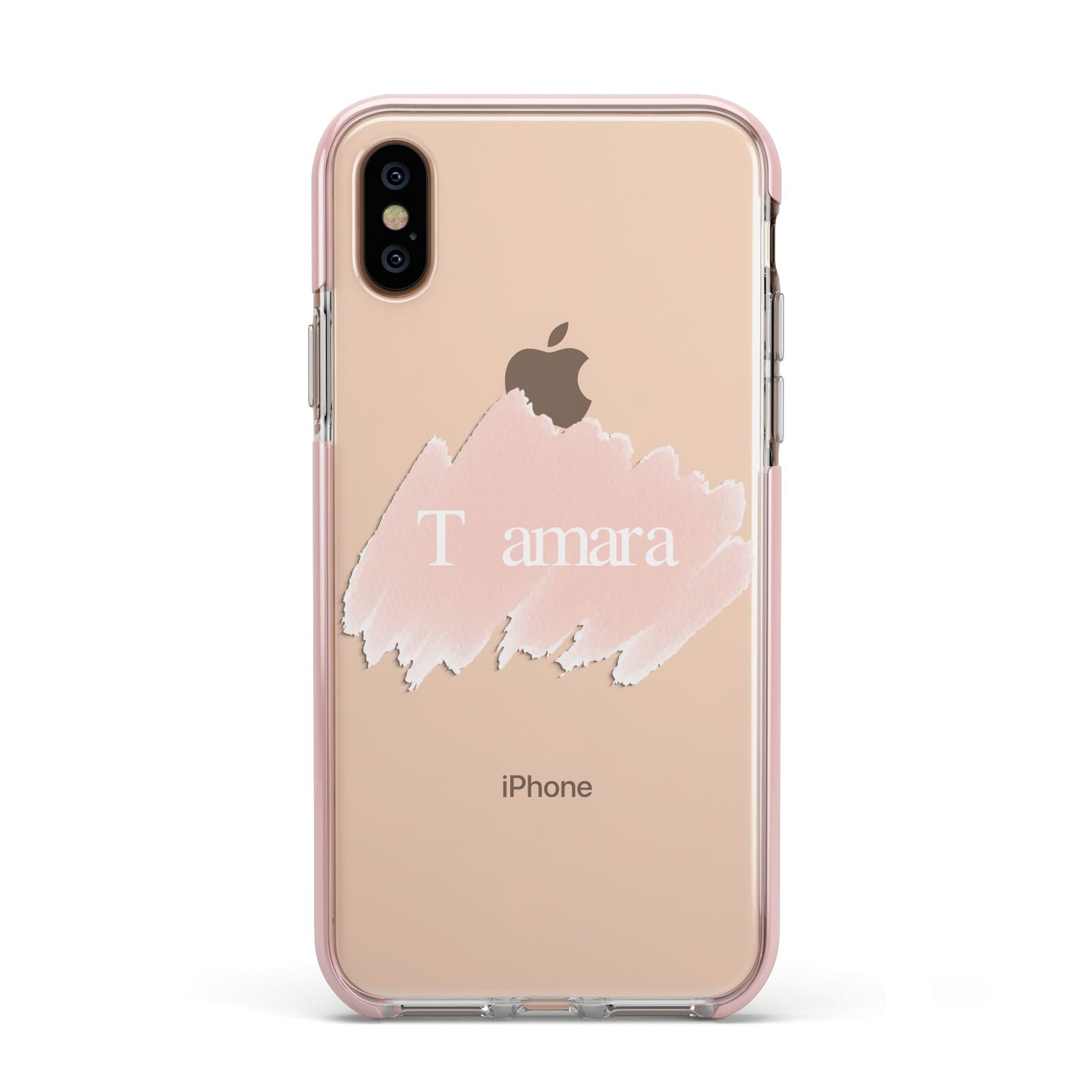 Personalised See Throiugh Clear Name Apple iPhone Xs Impact Case Pink Edge on Gold Phone