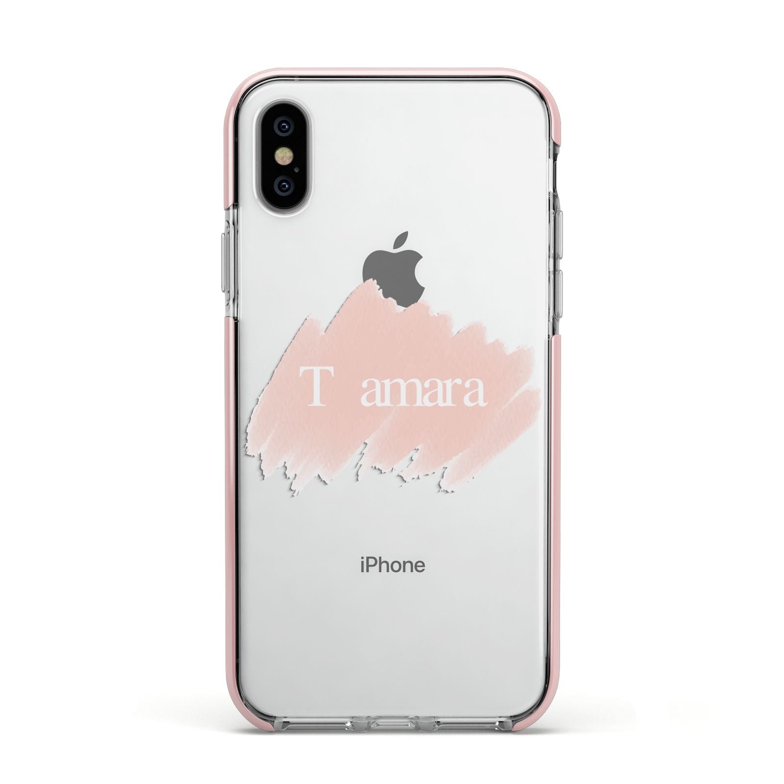 Personalised See Throiugh Clear Name Apple iPhone Xs Impact Case Pink Edge on Silver Phone