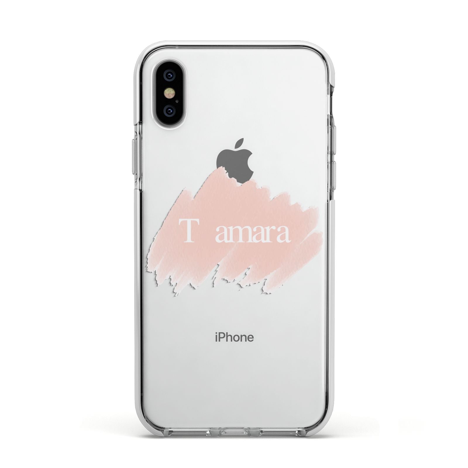 Personalised See Throiugh Clear Name Apple iPhone Xs Impact Case White Edge on Silver Phone